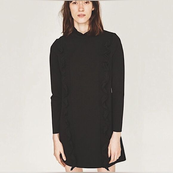 Chic Elegance: Zara Black Ruffle Long Sleeve Mock Neck Dress - Picture 1 of 6